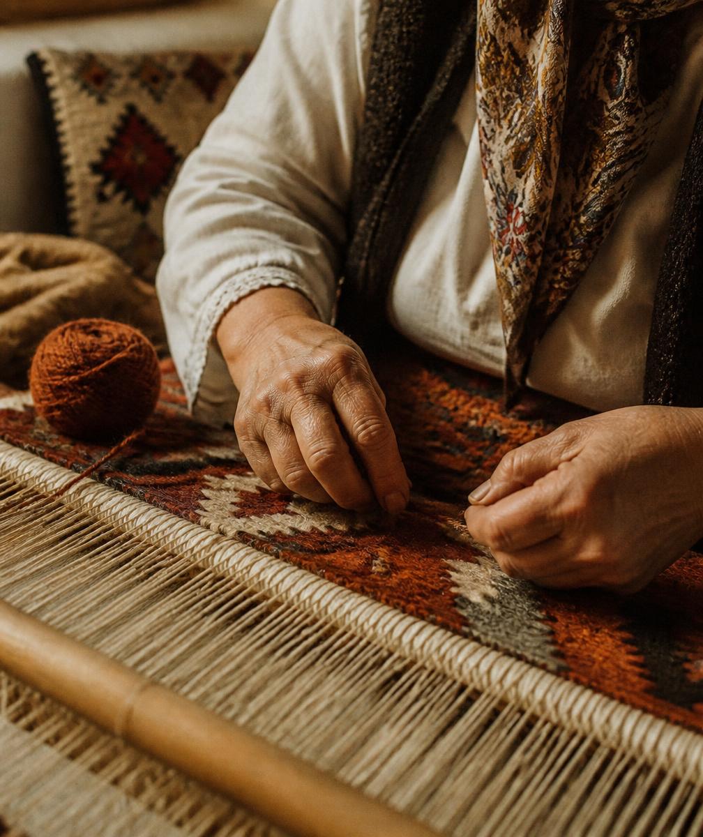 Hands of an older woman weaving a traditional Bosnian textile