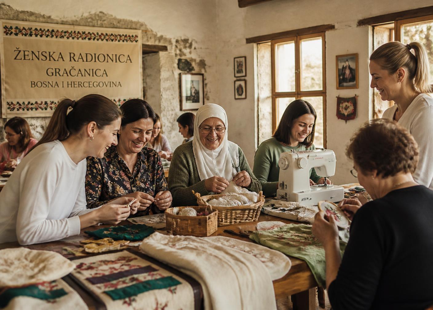 Women of all ages working together at a craft and sewing workshop in a community hall